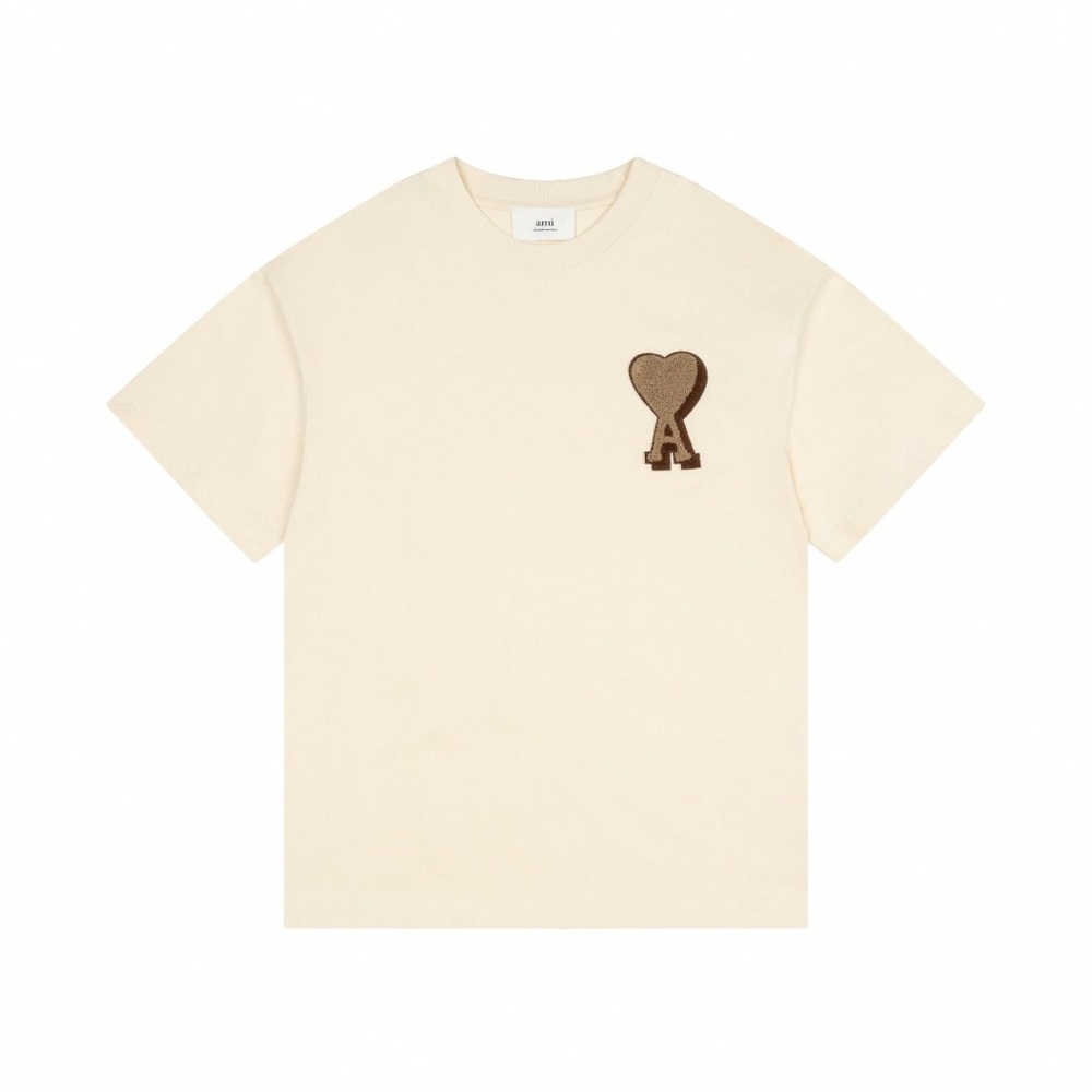 Ami Cream Short Sleeve T-Shirt with Brown Heart 'A' Patch